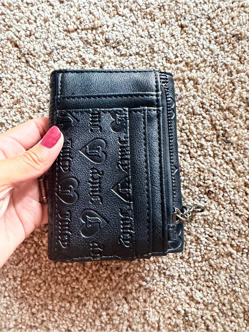 Juicy Couture Black Embossed Heart Wallet Keychain Card Case Silver Hardware